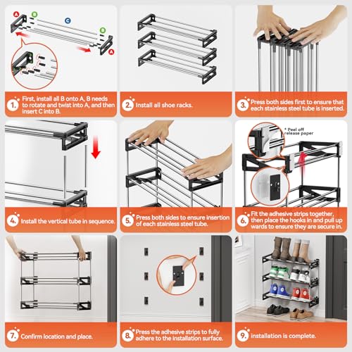 3 Tier Narrow Shoe Rack with Hook and Loop Sticky Adhesive Strips Shoe Shelf for Wall Mounted Slim Shoe Rack Space Saving Design Wall Shoe Organizer for RV - color: Black