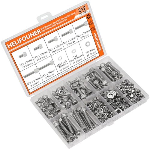 HELIFOUNER 212 Pieces M5 x 8mm /10mm /12mm /16mm /20mm /25mm /30mm, Hex Socket Head Cap Screws Bolts Washers Nuts Kit, 304 Stainless Steel - size: M5 Screw Kit (212 PCS)