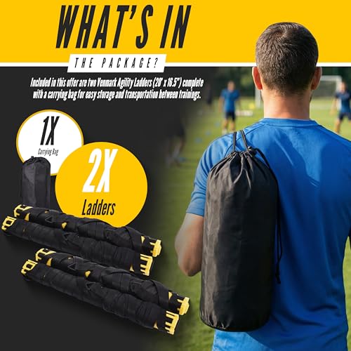 Agility Ladder, 2 Pack - Exercise and Training Ladder Set with Ground Stakes for Football, Soccer, Tennis, and More - Improves Speed & Fitness - Complete with Carrying Bag