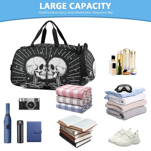 Kids Sports Duffel Bag for Boys & Girls - Two Skeletons Skull Heart 100% Polyester Gym Bag with Separate Shoe Compartment, Adjustable Shoulder Strap, Compact Travel & Workout Gear Bag - color: Two Skeletons Skull Heart