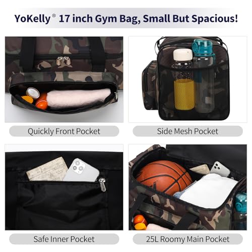 25L Small Gym Sport Duffle Bag, 17 inch, Camo | Weekender Overnight Bag, Travel, Workout, Fitness - color: Camo