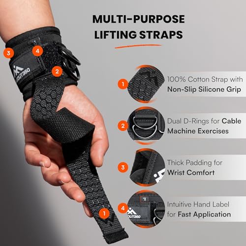Gym Lifting Straps with D Rings, Anti-Slip, Thick Padded Lifting Wrist Straps for Weightlifting for Cable Machines, Deadlifts, & Gym Training, Black
