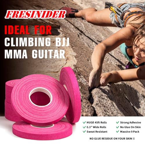 FRESINIDER Finger Tape - Strong Athletic Tape | 0.3” x 45 Feet (9 Pack) Tin Set | No Sticky Residue | for Rock Climbing, BJJ Jiu Jitsu, Grappling, Judo, MMA, Rock Climbing and Martial Arts (Pink) - color: Pink
