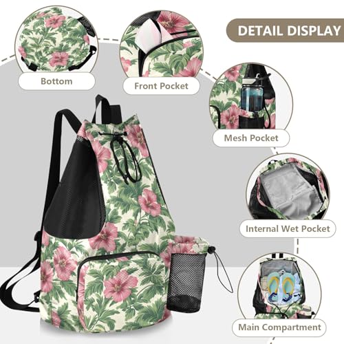 Drawstring Backpack Climbing Gym Bag With Pockets Cinch Back Sack Waterproof Tropical Flowers Red