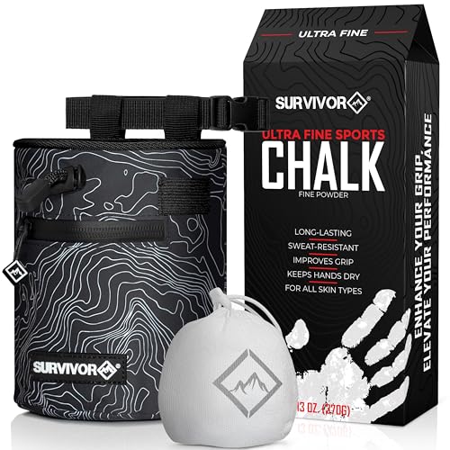 SURVIVOR Chalk Bag + Refillable Chalk Ball + 370g Ultra Fine Climbing Chalk Powder Bundle