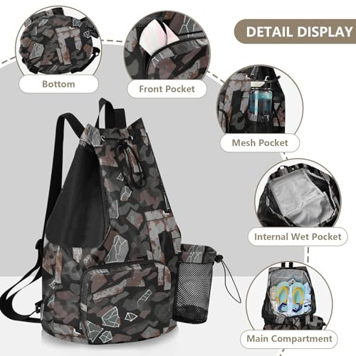 Drawstring Climbing Gym Bag With Water Bottle Holder Drawstring Backpack with Wet Dry Compartments Camouflage Metal Brown Fragment Dark