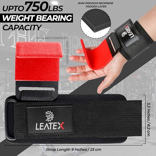 Weight Lifting Hooks (Pair) for Deadlifts, Pull Ups, Rows & Shrugs - Anti-Rip Nylon Strap Hand Grips with Thick Wrist Padding - Heavy Duty Wrist Straps for Weightlifting & Gym Workouts - color: Red