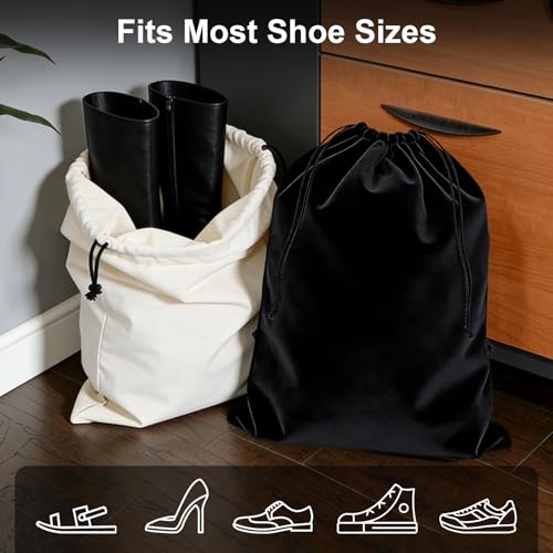 4 Pack Shoe Bags for Travel, Drawstring Travel shoe bag, Black & Beige | Large Size 18.3*13.78 inch,Soft Flannel Material,Washable & Reusable,Shoe Bag for Luggage