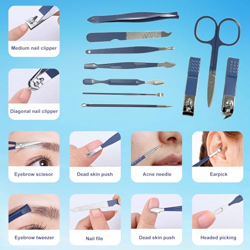 Nail Clippers Set, 10 PCS Professional Manicure Set and Pedicure Kit with Travel Case,Stocking Stuffers, Christmas Gift for Men and Women - color: Blue