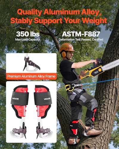VEVOR Tree Climbing Spikes Set, 1 Pair Height-Adjustable Climbing Spurs with Security Harness and Utility Rope, 350lbs Load Capacity Tree Climbing Gear, Arborist Equipment for Climbers, Fruit Picking - color: Red