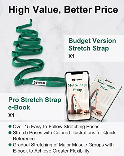 Tumaz Stretching Strap, 10-Loop Non-Elastic Yoga Strap | Designed for stretching, yoga, Pilates and rehab with 10 loops, durable webbing and a longer 79-inch design - color: Green Lite, size: Budget-Essential