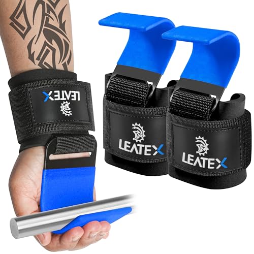 Weight Lifting Hooks (Pair) for Deadlifts, Pull Ups, Rows & Shrugs - Anti-Rip Nylon Strap Hand Grips with Thick Wrist Padding - Heavy Duty Wrist Straps for Weightlifting & Gym Workouts - color: Blue Black