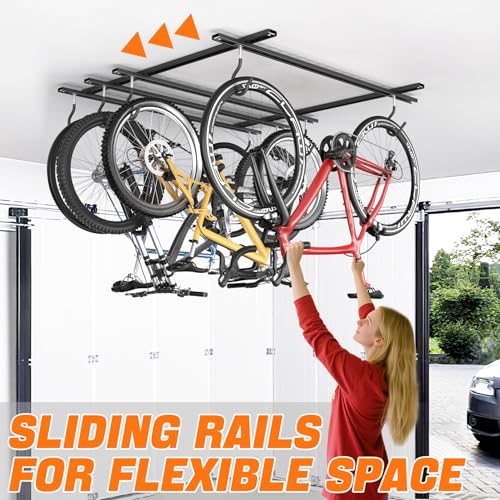 TORACK Ceiling Bike Rack for Garage, Ceiling-Mounted Bicycle Storage Hooks for 4 Bikes (Horizontal) or 8 Bikes (Vertical), Adjustable Overhead Bicycle Hooks for Mountain, Road, and Kids' Bike - style: 4 bikes horizontal
