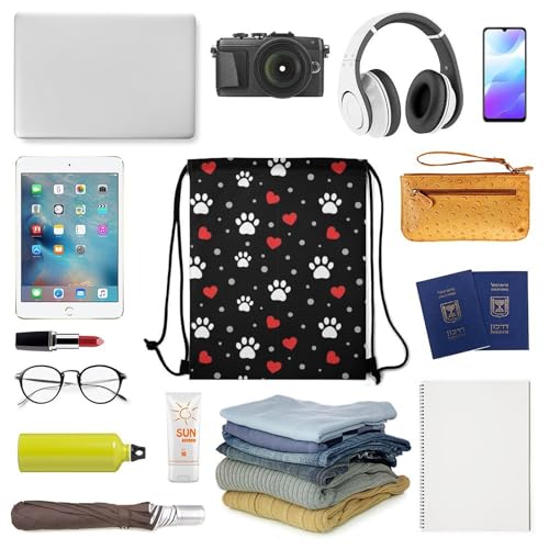 Swimming Drawstring Sack Waterproof Gym Backpack for Beach Sports Yoga Gear, Lightweight Unisex, Paw Prints And Hearts On Black Bags - color: Picture (31)