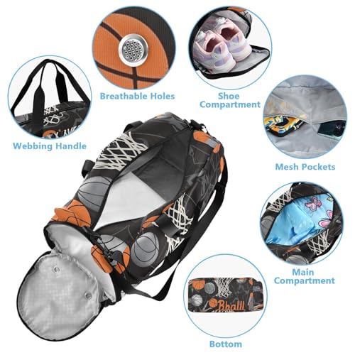 Kids Sports Duffel Bag for Boys & Girls - Basketball Players Balls 100% Polyester Gym Bag with Separate Shoe Compartment, Adjustable Shoulder Strap, Compact Travel & Workout Gear Bag - color: Basketball Players Balls