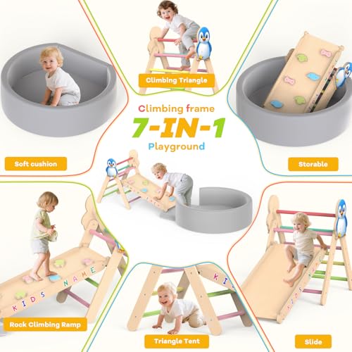 Acenova Pikler Triangle Climbing Set with Cushion and DIY Name Stickers, Montessori Wooden Climbing Gym for Toddlers, Indoor Jungle Gym, Dinosaur Pikler Triangle Arch Ramp Climber Toy