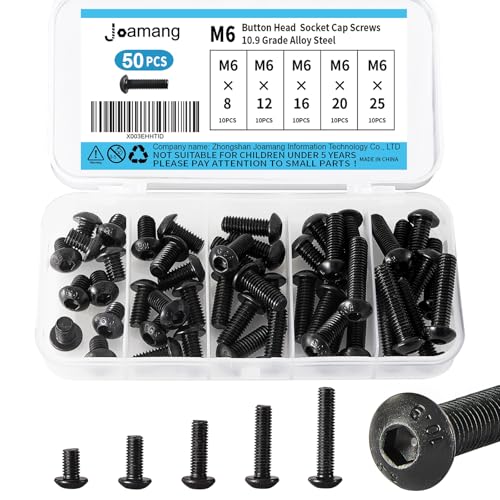 M6 x 8mm 12mm 16mm 20mm 25mm Button Head Socket Cap Screws Bolts, 10.9 Grade Alloy Steel, Black Oxide Finish, Metric Allen Hex Drive, Fully Threaded, Assortment Kit 50Pcs - size: Button M6x8-25 mm