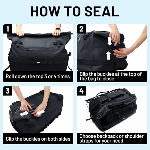 MIER Large Waterproof Duffel Bag - 60L/80L Dry Bag Backpack | Detachable Backpack Straps; Multi-Pockets; Roll-Top with Hook-and-Loop Closure; Motorcycle, Kayaking, Gym, Beach, Boating - color: Black, size: 80L