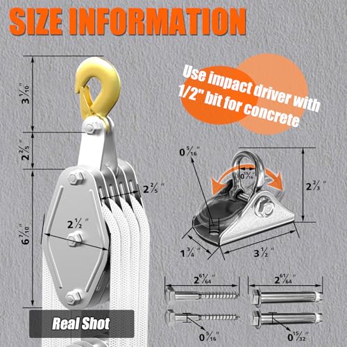 YATOINTO Rope Pulley Hoist 4400 LB, 8:1 Power Pulley Block and Tackle System, Pulley Block 65ft, Rope Hoist for Garage Warehouse Constructions with 1 Swing Hanger 2 Screws 2 Expansion Bolts - color: White, size: UPGRADED-4wheels+swing hanger