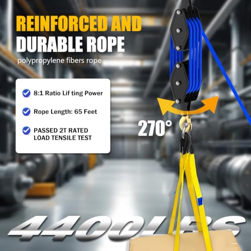 YATOINTO Rope Hoist Pulley System 4400LB, Pulley Block Tackle w/2 Straps | 65FT Polypropylene Fiber Rope, 8:1 Ratio Lifting Power, Metal Bearing Structure, Black-coated Housing - color: Blue(Powder Coating)+2Straps