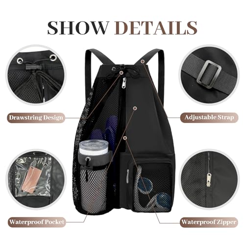 Beach Backpack with Wet Pocket Drawstring Mesh Beach Bag Waterproof Swimming Pool Backpack for Men and Women - color: Black
