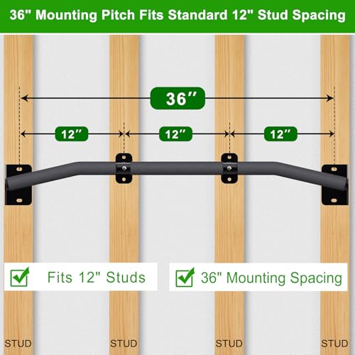 SELEWARE 32"/36" Wall Mount Pull Up Bar Joist Mount Chin Up Bar for Doorway | Heavy Duty Steel Construction Support 450 lb, w/Resistance Band Hooks, Fits 32"/36" Wall Studs for Home Gym Strength Training - size: B: 36" x 1.6" Dia Grip