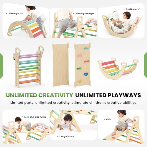 BlueWood Pikler Triangle Set with Cushion, Wooden Climbing Toys for Toddler | Foldable 8-in-1 Montessori Philosophy Toddler Climbing Toys Indoor with Reversible Ramp, Arch and Ladder - Sunshine Rainbow - color: Sunshine Rainbow