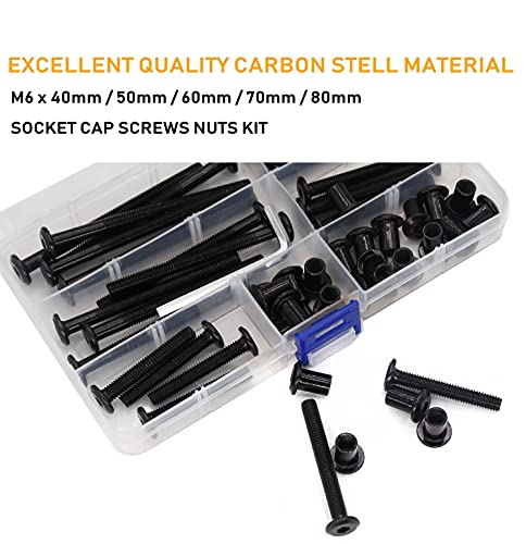 50pcs M6x40mm/ 50mm/ 60mm/ 70mm/ 80mm Black Hex Drive Socket Cap Bolts Barrel Nuts Assortment Kit, Carbon Steel Zinc Plated - size: M6 x 40/50/60/70/80mm (50 pcs)