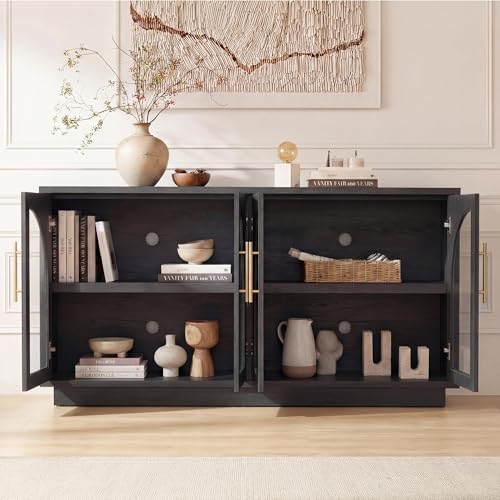 Fatmok 59" Buffet Cabinet with Glass Doors, Modern Arched Sideboard with Large Storage and Adjustable Shelves, Accent Console Credenza for Dining Room, Living Room, Entryway, Black Grey - color: B-black Grey