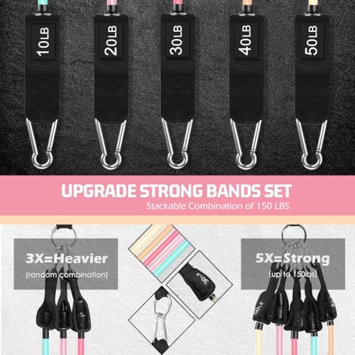 VEICK 10-150LBS Resistance Bands with Handles, Ankle Straps, Door Anchor | Accredited Lab Certified, 100% Natural Latex, Versatile for Yoga, Pilates, Strength, Home Gym - color: Light Pink, style: 10-150LBS + 5 Loop Bands