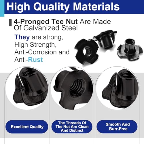 100PCS 1/4"-20 T Nuts for Wood, Carbon Steel 4-Prong Tee Nuts | Threaded inserts for wood panels, furniture and climbing wall holds - color: 100 Pack 1/4"-20