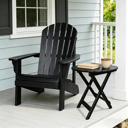 Outdoor Wooden Side Table, Folding Patio End Table, Small Round Furniture Table for Adirondack Chair, Balcony, Porch, Acacia Wood, No Assembly, Black - color: R-black-1