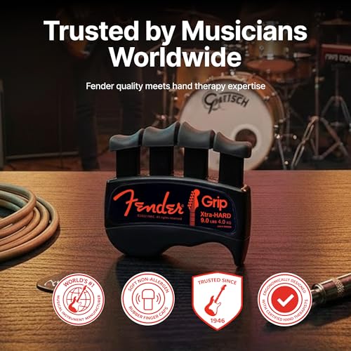 Fender GRIP Hand and Finger Exerciser – Best Ergonomic Finger Strengthener to improve play on all stringed instruments (Guitar, Bass, Violin, etc.) (Tensions: WHITE=5-Lbs; RED=7-Lbs; BLACK=9-Lbs) - color: Black