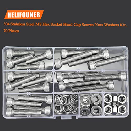 HELIFOUNER 70 Pieces M8 x 30mm /35mm /40mm /45mm /50mm, Hex Socket Head Cap Metric Screws Bolts Washers Nuts Kit, 304 Stainless Steel - size: M8 x 30/35/40/45/50mm