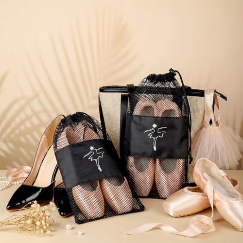 Shappy 4 Pcs Pointe Shoes Bag Mesh Dance Shoe Storage Ballet Accessories for Women Girls, Drawstring Pouch - color: Black