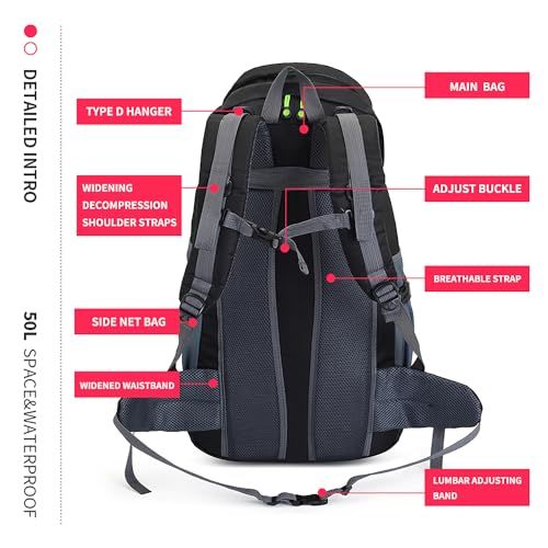 Bseash 50L Hiking Backpack, Water Resistant Lightweight Outdoor Sport Daypack Travel Bag for Camping Climbing Skiing Cycling (Black - No Shoe Compartment) - color: Black - No Shoe Compartment