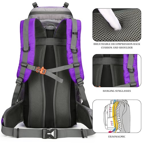 75L Hiking Backpack with Rain Cover Waterproof Camping Backpack Shoes Warehouse for Men Women, Frameless - color: Purple, size: 60L