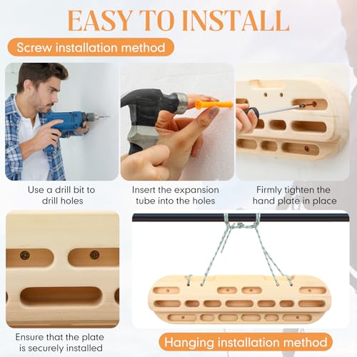 Climbing Hangboard Rock Climbing Fingerboard Gifts Portable Mounted Training Station Pull Up Bar Wooden Hand Grip Strengthener Exerciser with Installation Kit and Rope for Climbers Athletes