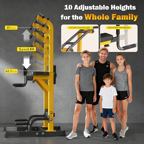 DlandHome Power Tower Pull Up Bar Station, 10 Level Adjustable Height | Heavy Duty Pull Up Dip Station for Home Gym Strength Training Equipment, Comfortable Backrest, 330LBS Weight Capacity - color: Yellow