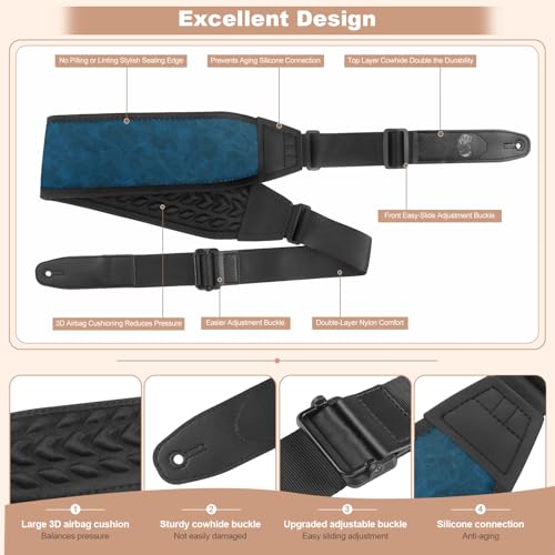 Guitar Bass Strap, Embroidered Electric Guitar Strap, Double Adjustable Buckle, Length Adjustable from 49" to 63", Equipped with 3" 3D Foam Padding, Includes 4 Picks and 2 Strap Locks, Smooth Blue. - color: Smooth Blue(49"-63")