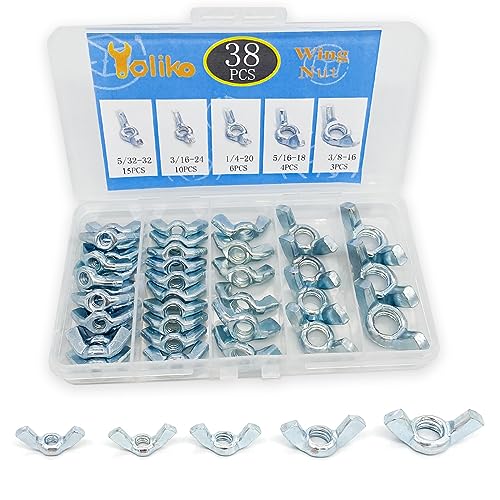 38 Pcs 5 Sizes 5/32",3/16",1/4",5/16",3/8" Wingnuts, Quality Carbon Steel Wing Nuts Zinc Plated Fasteners Parts Butterfly Nut, Hand Twist Tighten Hardware Nuts Butterfly Wing-Nut Assorted Kit - size: 5 Sizes (5/32", 3/16", 1/4", 5/16", 3/8") - 38 Pcs