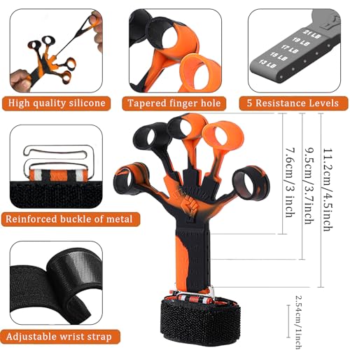 Grip Strength Trainer with Forearm Strengthener, Hand Grip Strengthener, Hand Extension Exerciser, Stress Relief Ball and Hand Grip Strengthener for Muscle Building and Injury Recover(5 PCS) - color: black-orange