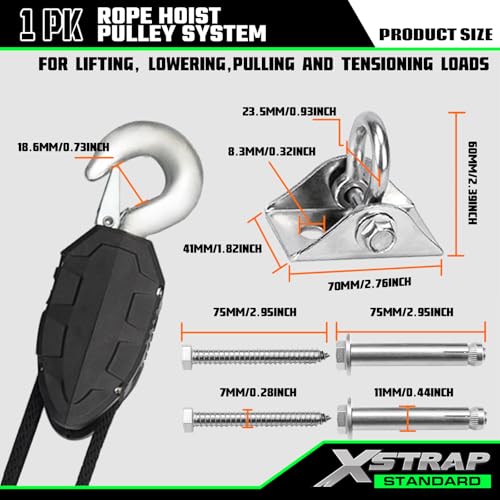 XSTRAP STANDARD 50 Feet Rope Hoist, Heavy-Duty 2000LB Break Wheel Block | Tackle Pulley System for Lifting Heavy Objects with Work Gloves, 2pcs Soft Loops, 1 Swing Hanger for Garage Warehouse - color: 50 Ft+ Black+1 Swing Hanger