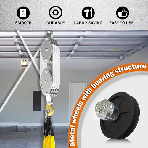 YATOINTO Rope Pulley Hoist 4400 LB, Pulley Block with 3/8" Shackle and 2PCS Lift Sling, 8:1 Lifting Power Block and Tackle Pulley System, 65ft Heavy Duty Rope Hoist for Garage Warehouse Constructions - color: White, size: UPGRADED-4wheels+2lift sling&1sha