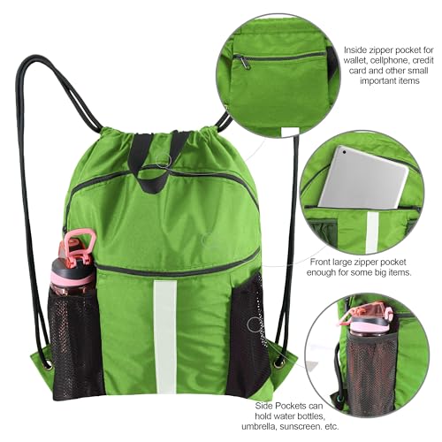 BeeGreen Drawstring Backpack Bag with Shoe Compartment, X-Large Black Gym Sports String Cinch Backpack - color: Lime