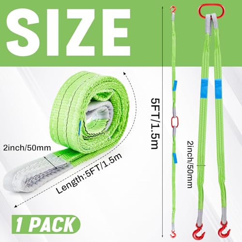 2 Pcs 5 FT Heavy Duty Polyester Lifting Rigging Straps Two Leg Bridle Web Sling with Hook & Twist Eye Lift Strap for Hoist Engine Crane Truck Tow Tree Stump 6613 Lbs Load Capacity, Green