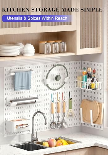 Pegboard Wall Organizer Set – 4 Peg Boards with Hooks & Shelves – Office, Kitchen, Gaming Room Desk Pegboard Storage – Peg Board Wall Display Rack (Black) - color: Black