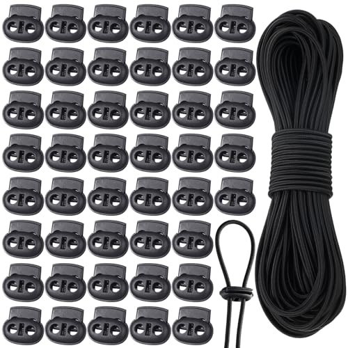 Patelai 50 Pieces Cord Locks Spring Toggles Stoppers Plastic Single Hole End Stopper Slider and 1/8 Inch 66 Feet Elastic Bungee Cord for Drawstring Shoelaces Clothing Bags(Black, Simple Style) - size: Black, style: Simple Style