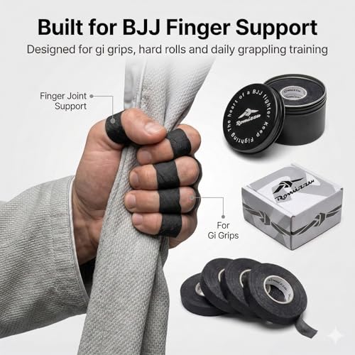 BJJ Finger Tape with Metal Storage Tin - 6 Rolls (26ft) Grappling Tape, MMA | Breathable cotton, residue-free tape offers strong finger support. Great for wrestling, rock climbing, Jiu Jitsu. 0.3in wide - color: Black