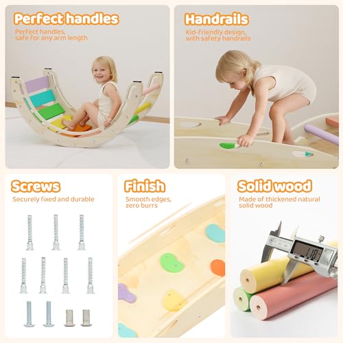 Pikler Triangle Set with Cushion, 7-in-1 Foldable Toddler Climbing Toys, Indoor Playground for Kids, Montessori Climbing Set Gift, Wooden Baby Jungle Gym, for Toddlers 1-3 (Rainbow) - size: 7-in-1 with Cushion